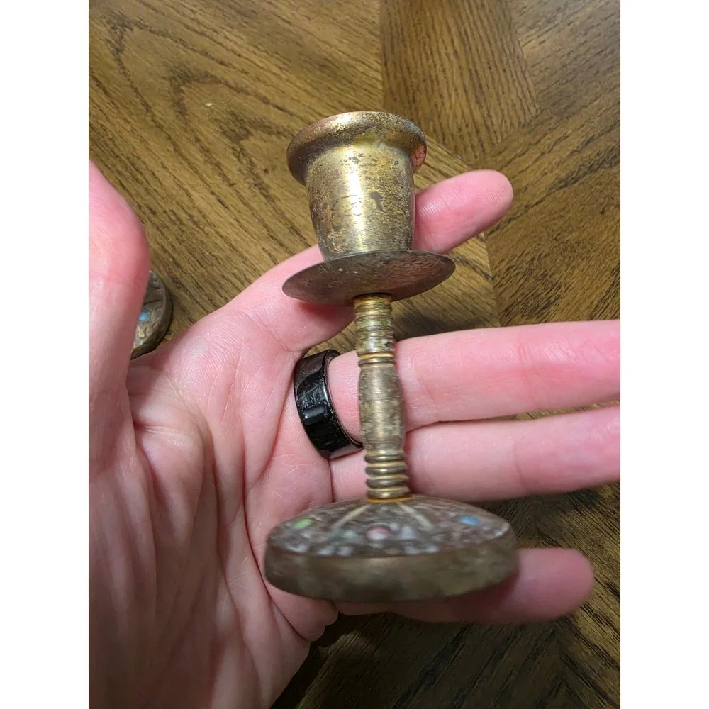 Vintage Brass Candlestick Holders Set of 2 Ornate Enamel Detail Weathered Patina